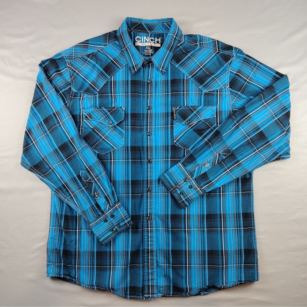 Cinch Modern Fit Western Shirt Men's XL Blue Plaid Snap Long Sleeve Cowboy - Picture 2 of 16